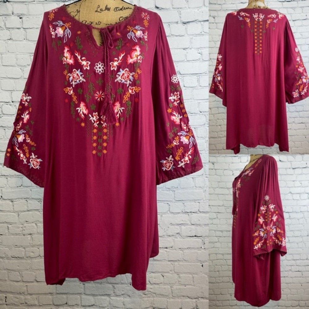 Umgee Burgandy Embroidered Tassel Tie Flared Sleeve Dress/tunic